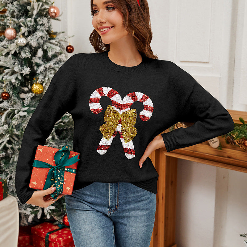 Christmas Crutches Bow Sequined Women's Sweater