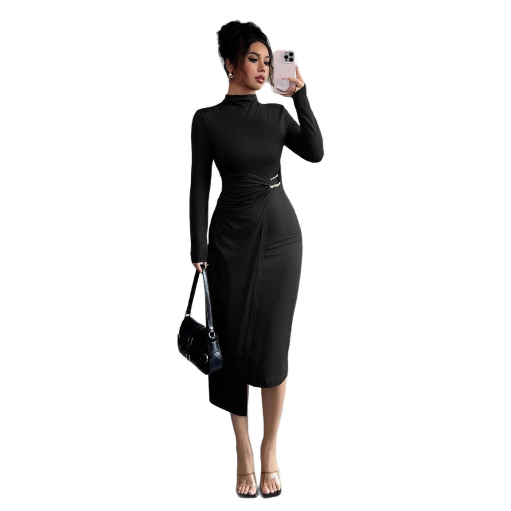 Small Stand-up Collar Knit Solid-color Dress With Metal Buttons
