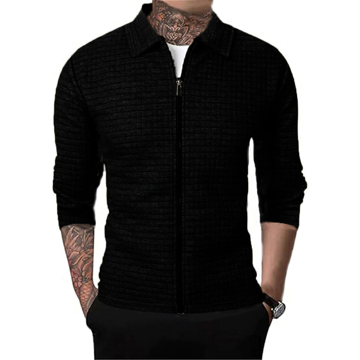 Men's Casual Long-sleeved Lapel Waffle Jacket Cardigan