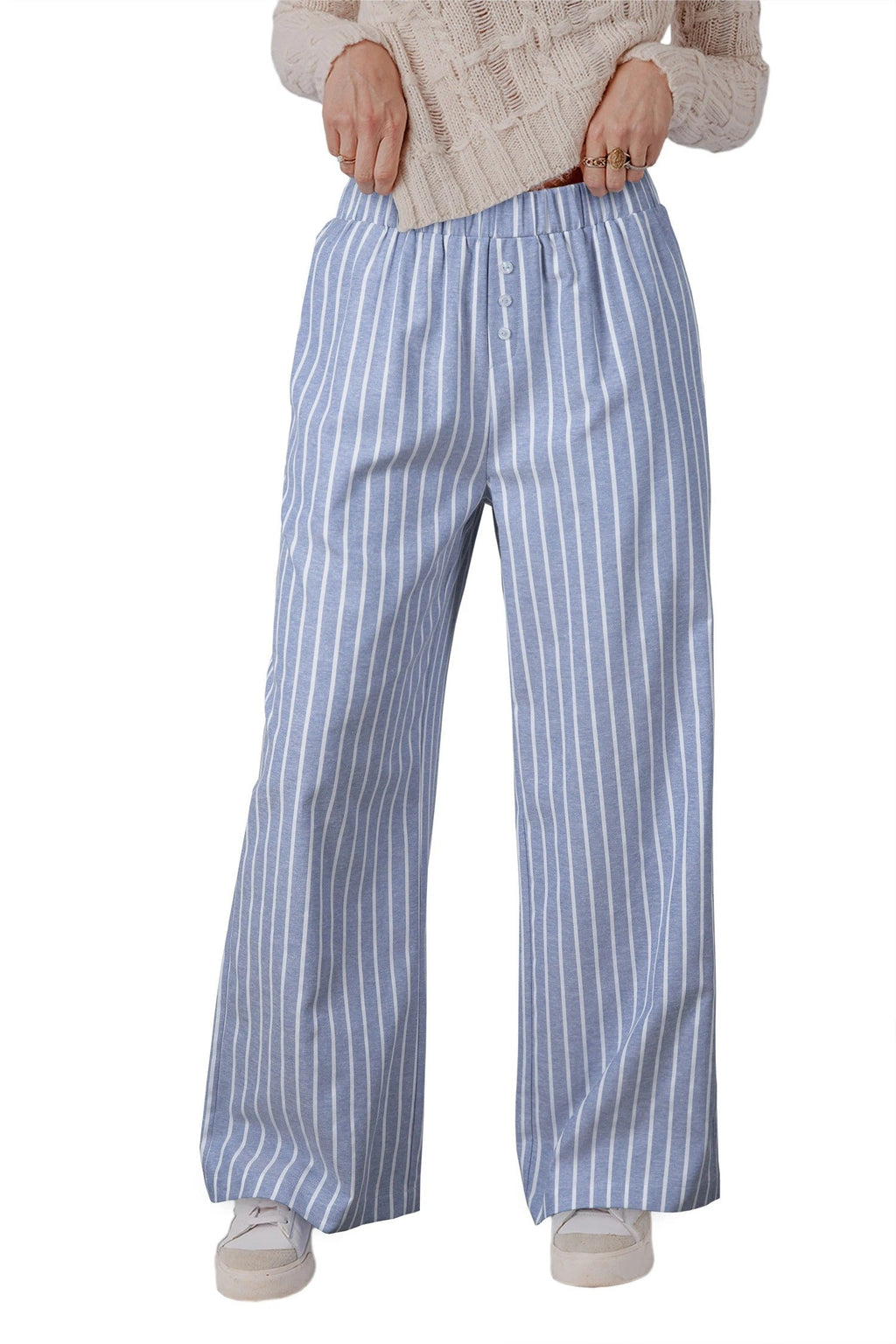 Sky Blue Stripe Buttoned Detail Loose Casual Pants