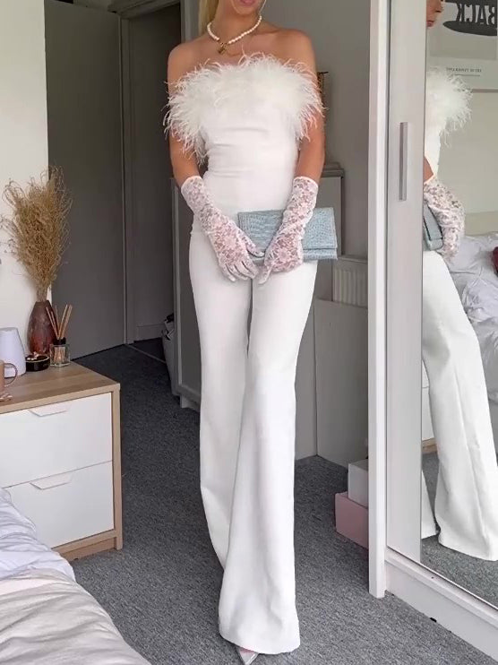 Elegant White Off-Shoulder Jumpsuit With Feather Accents