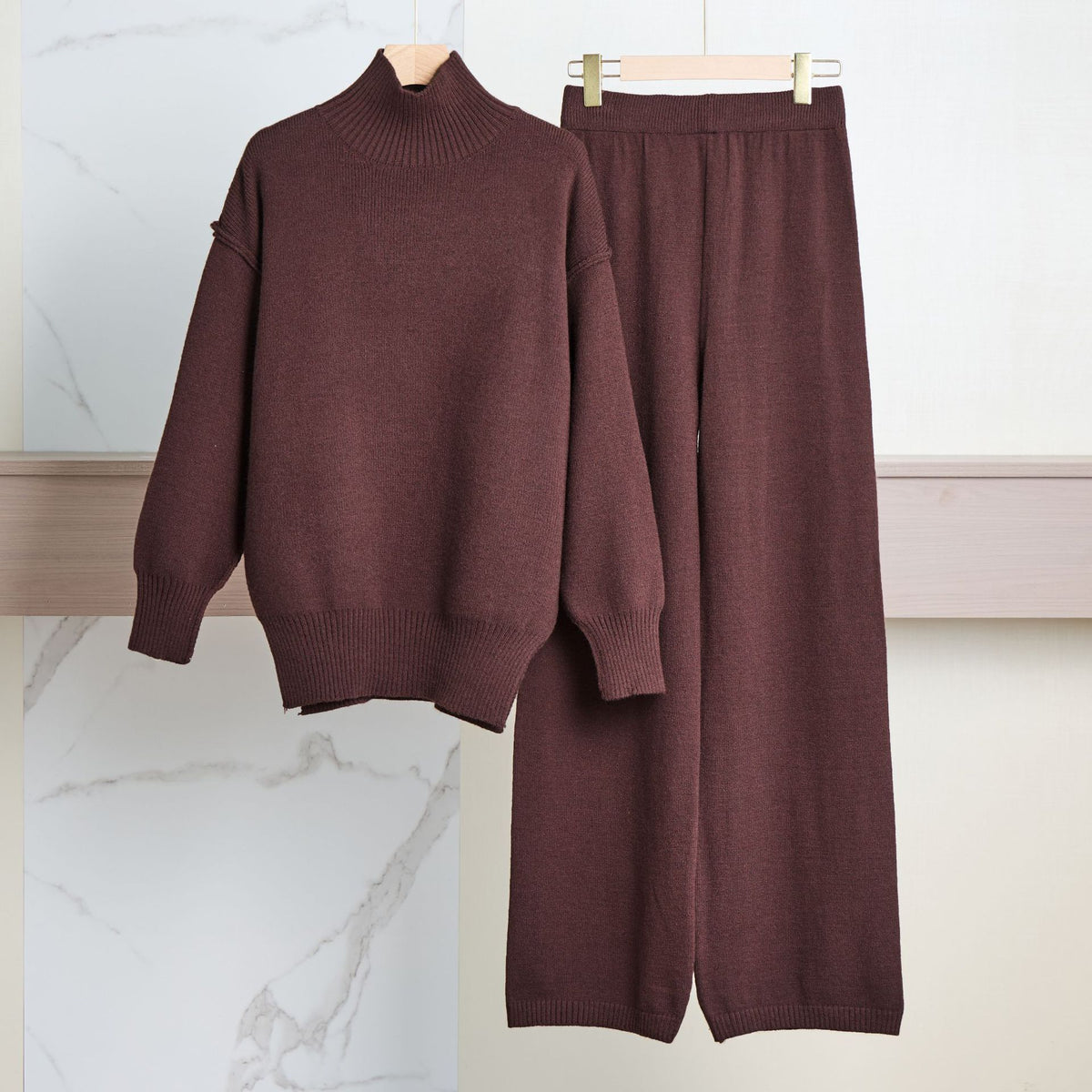 Casual Laid-back Style Solid Color Loose High Collar Knitted Sweater Suit