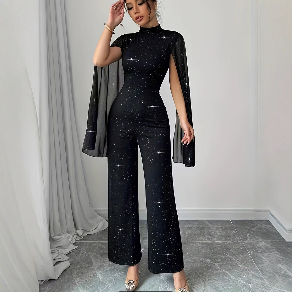 Round Neck Chiffon Lantern Sleeve Patchwork Jumpsuit