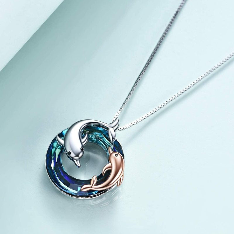 Colorful Circle Crystal Dolphin Pendant Necklace