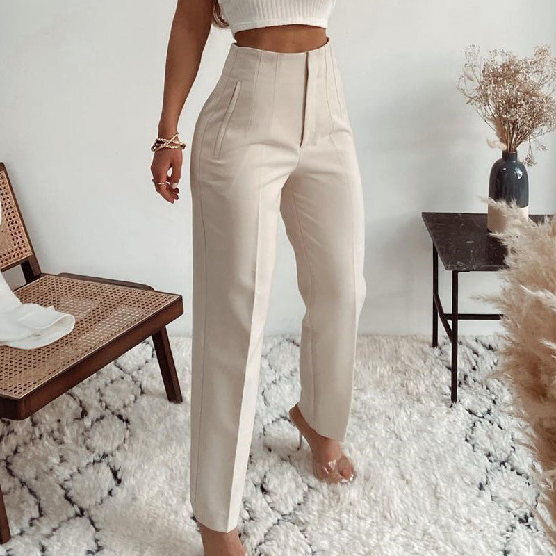 Pleated Casual High Waist Pure Color Slim-fit Basic Pants