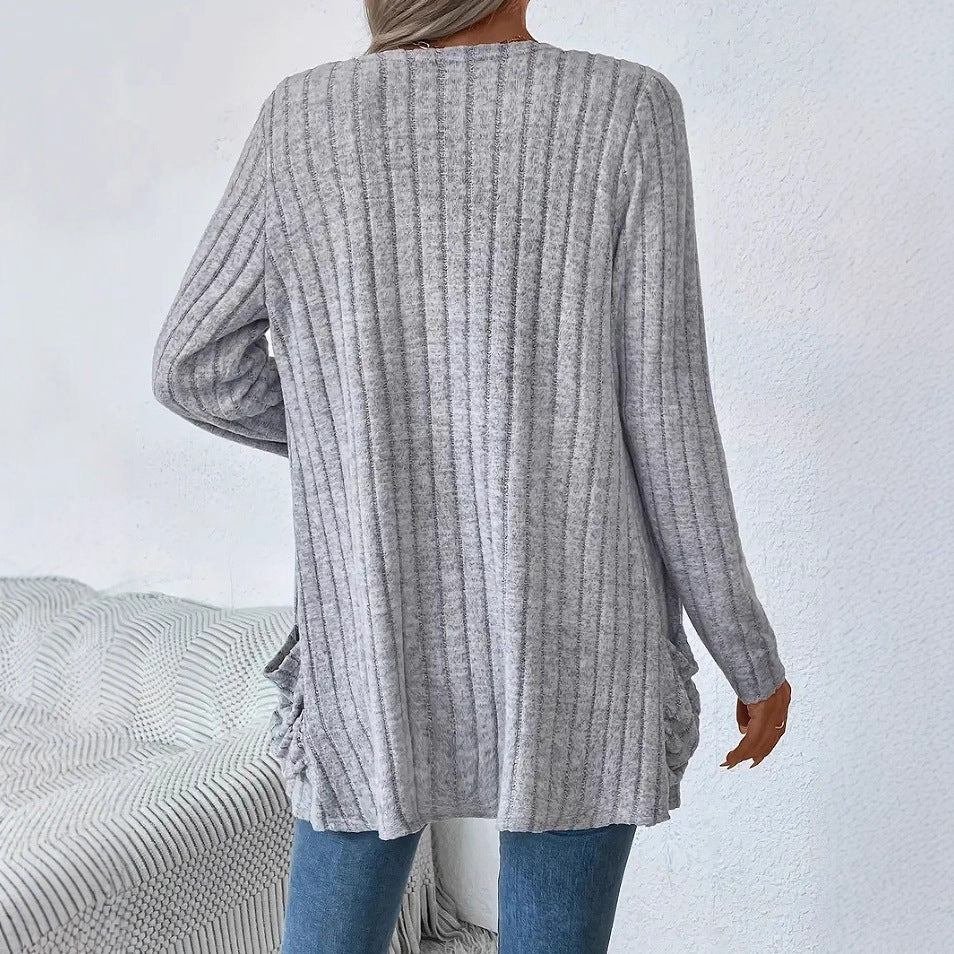 Solid Color Pocket Long Sleeve Bottoming Cardigan Knitwear