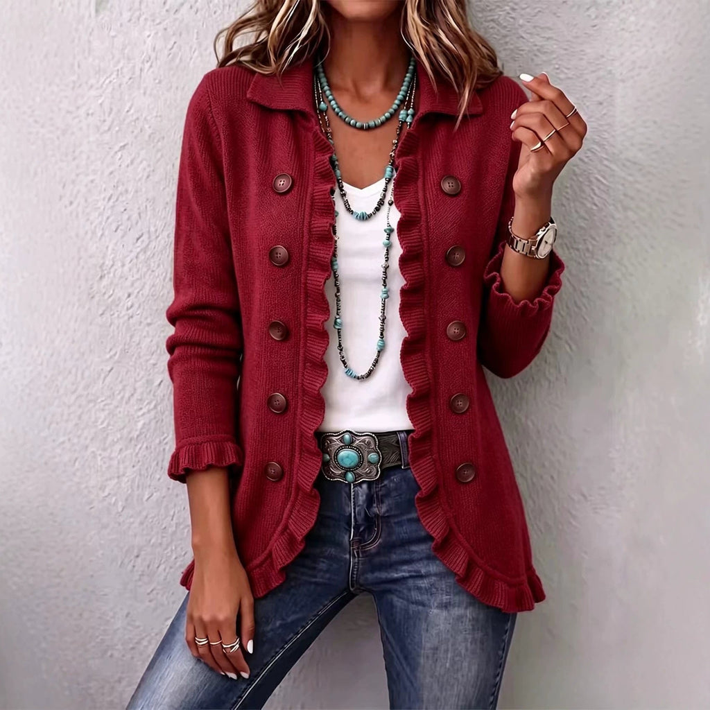 Elegant Womens Solid-Color Long-Sleeve Ruffled Knit Cardigan Sweater Coats With Buttons Spring Fall Front Opent Jackets Tops