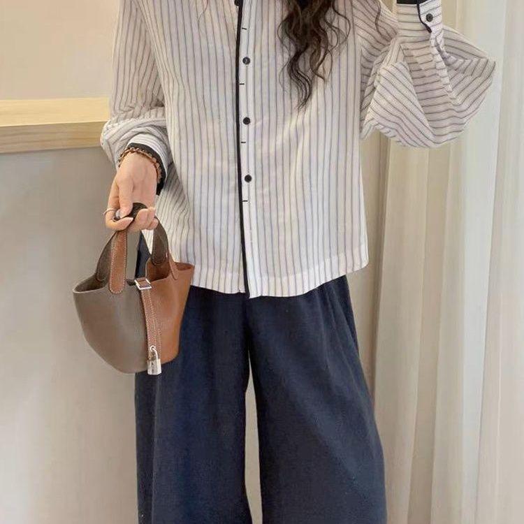 Lanternsleeve Verticalstriped Casual Blouse Women's Stylish Top