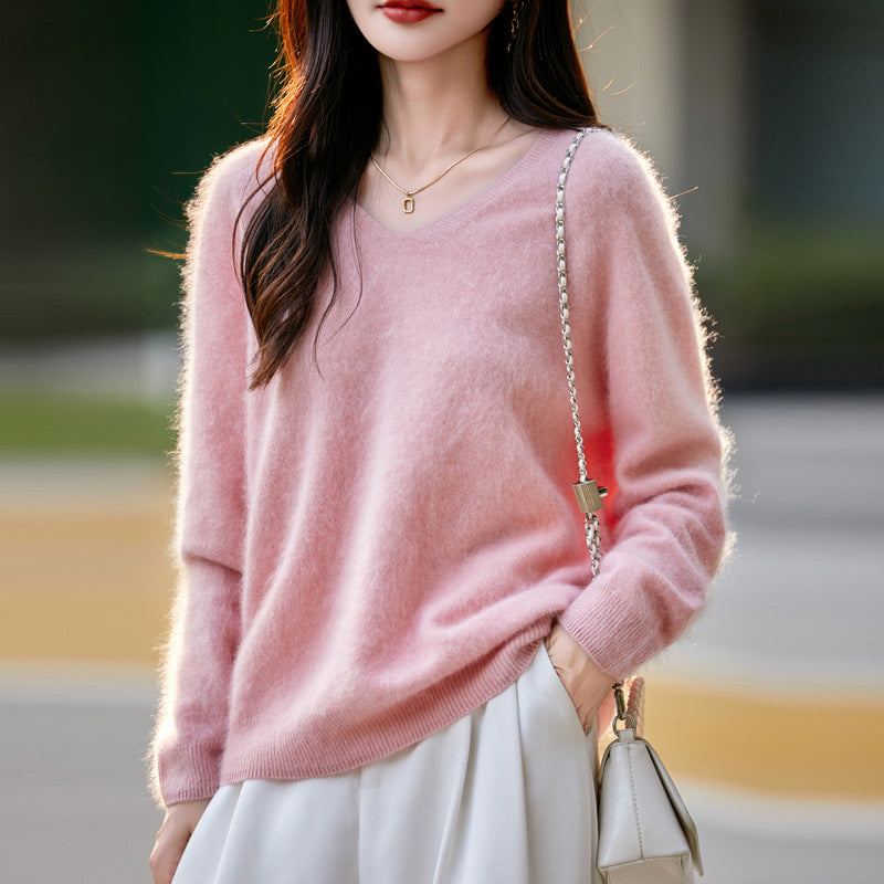 V-neck Cashmere Knit Women's Loose-fit Sweater