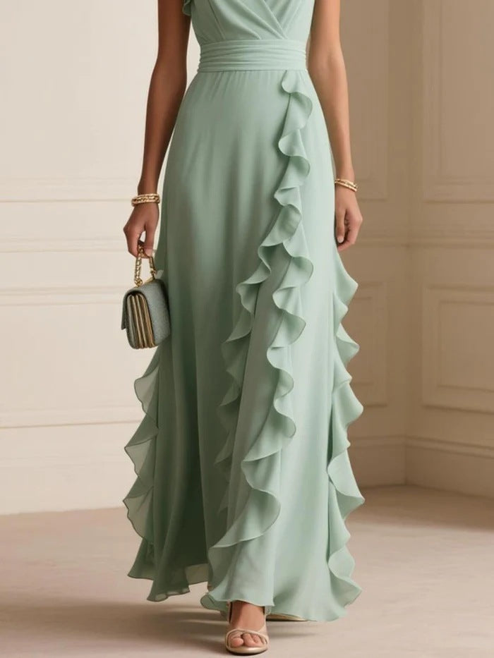 Solid Color Pleated Short Sleeves V-neck Dress