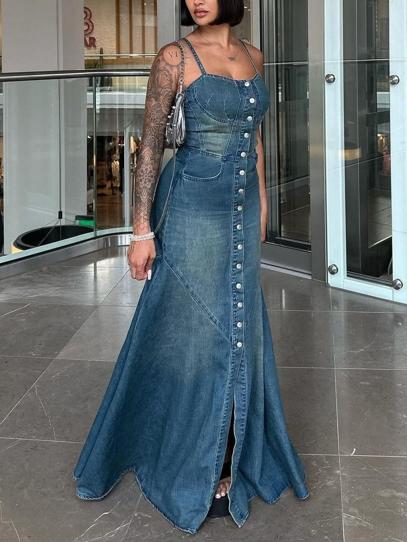 Denim Single-breasted Suspender Dress