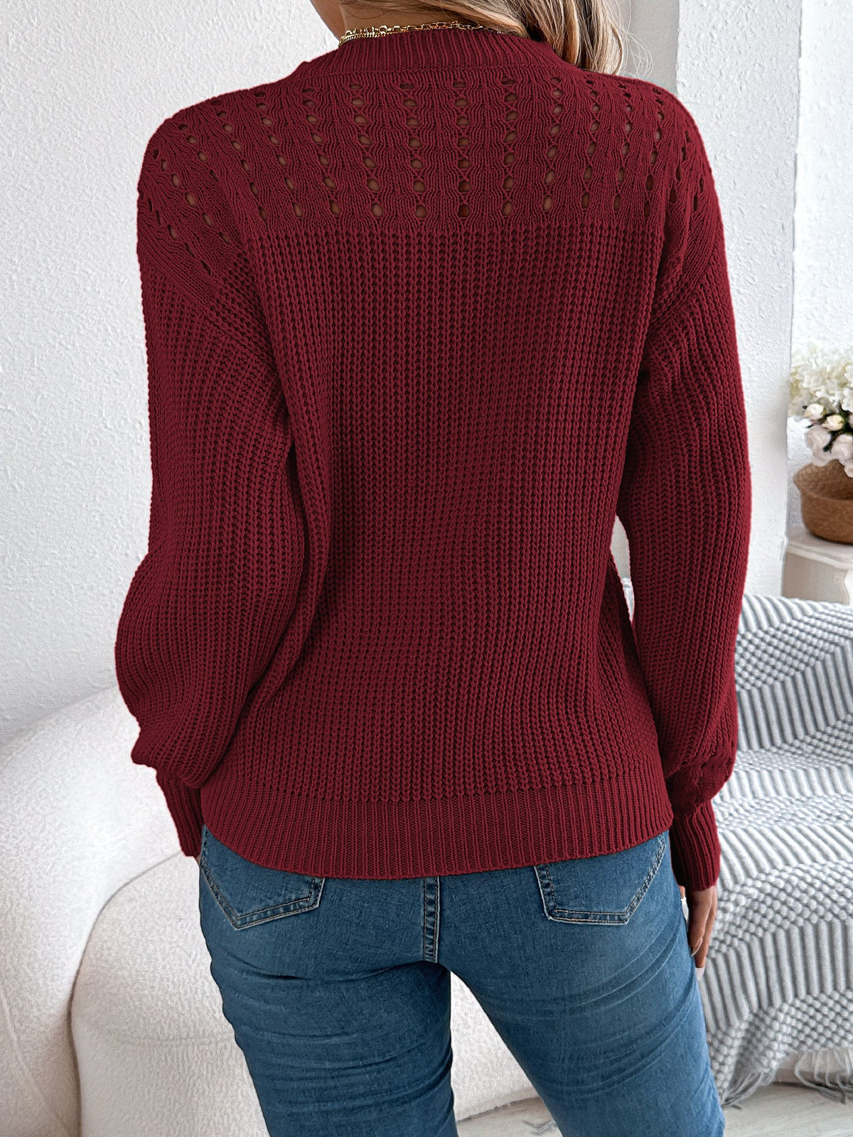 Women Casual Solid Color Hollow Out Lantern Sleeve Pullover Sweater