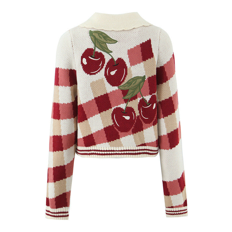 Women's Embroidered Cherry Cropped Sweater Coat