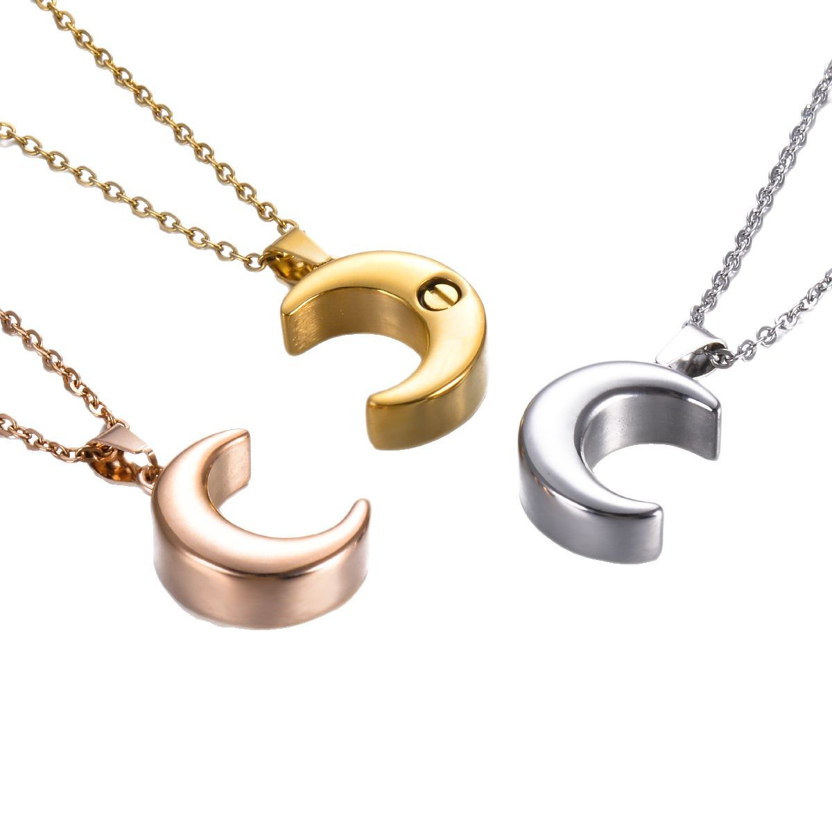 Stainless Steel Moon-Shaped Perfume Bottle Ash Pendant Necklace