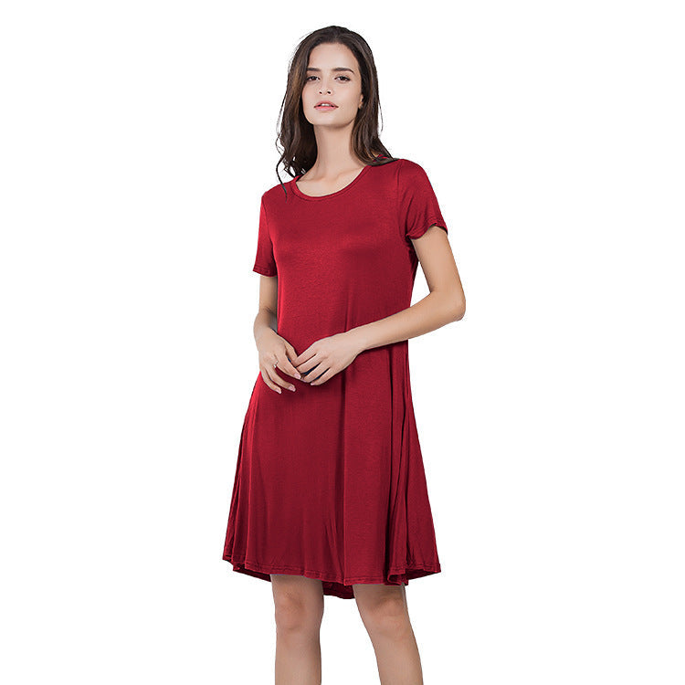 New Women's Round-neck Solid-color Casual Short-sleeve Swing Dress With Pockets