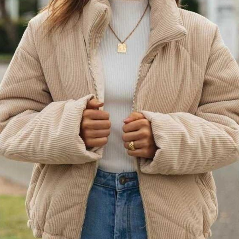 Women's Wadded Stand Collar Long Sleeve Corduroy Zipper Jacket
