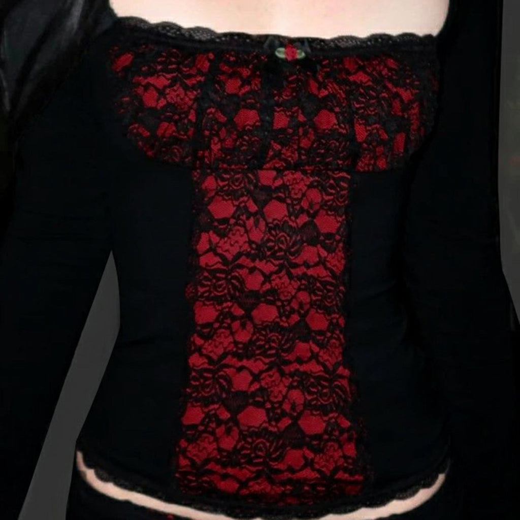 Lace-embellished Long-sleeve Blouse With Ruffled Trim