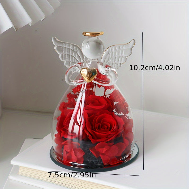 Eternal Red Roses in Glass Dome with Angel Statue – 10.21 × 7.49 cm