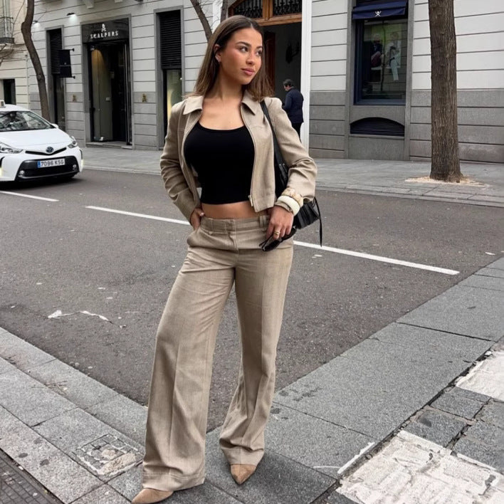 Summer New Casual Herringbone Pattern Long Sleeve Coat Straight-leg Pants Suit