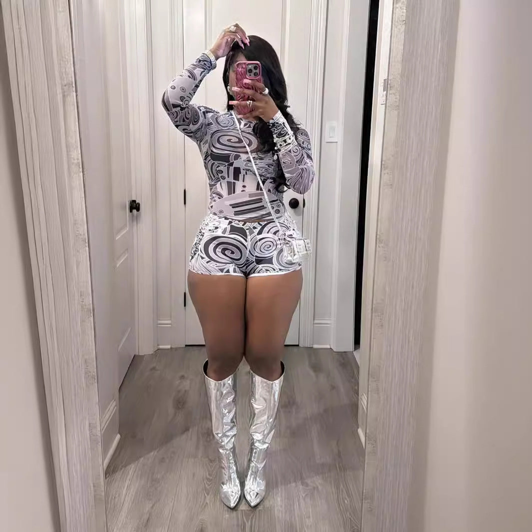 Tight-fitting Printed Crew-neck Stretchy Casual Long-sleeve Shorts Set