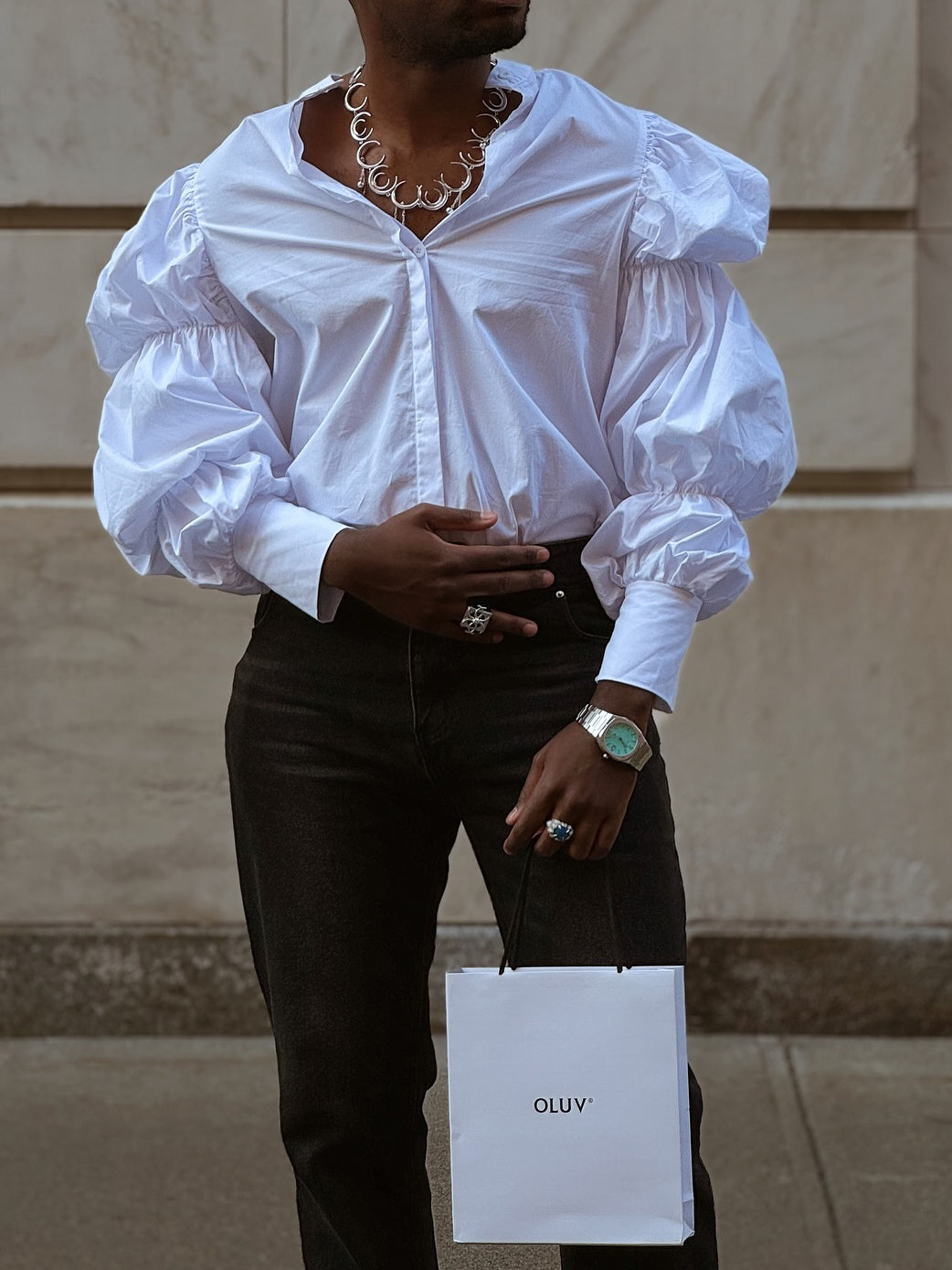 White Retro Puff-Sleeve Oversized Shirt