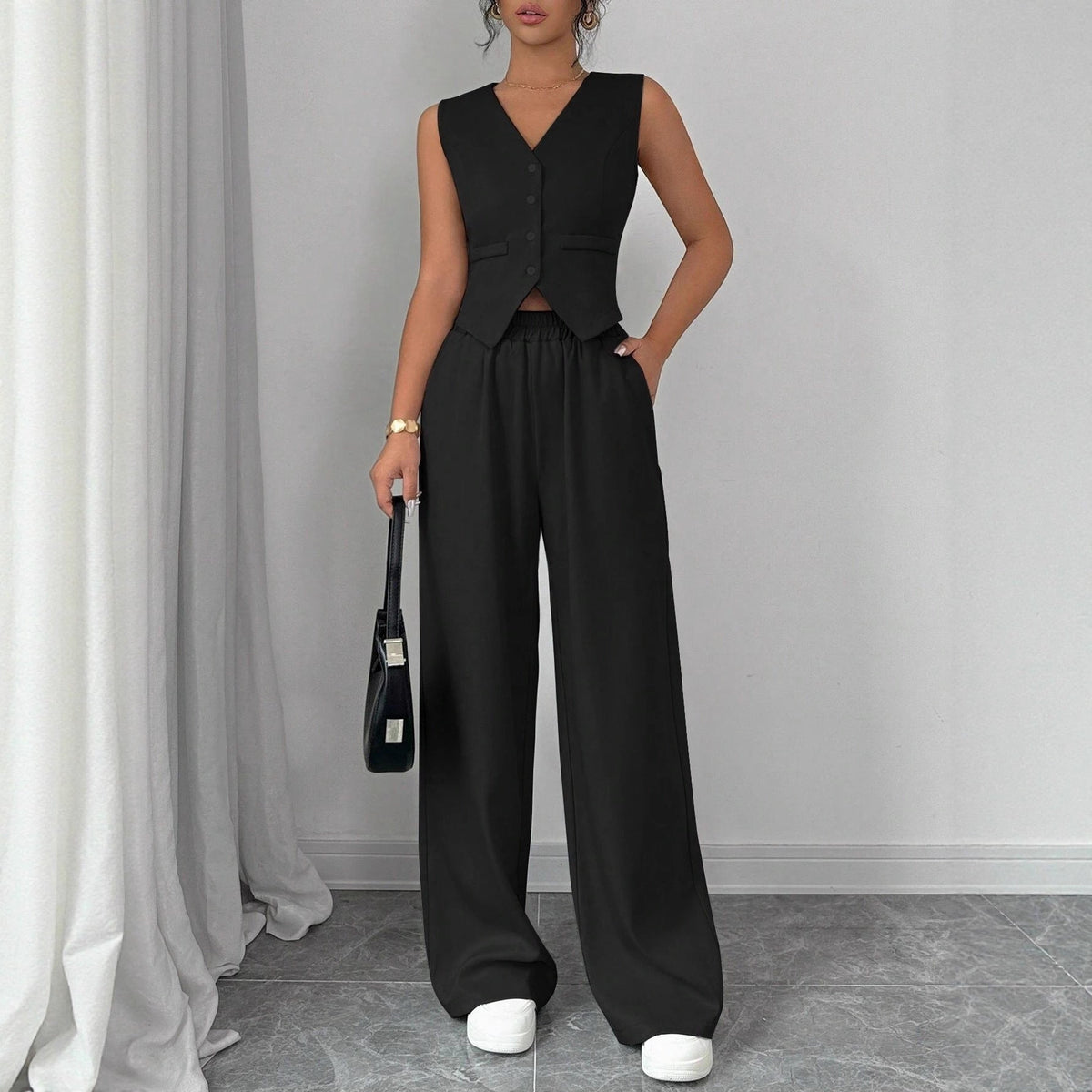 Elegant Button-front Sleeveless Vest And Trousers Set