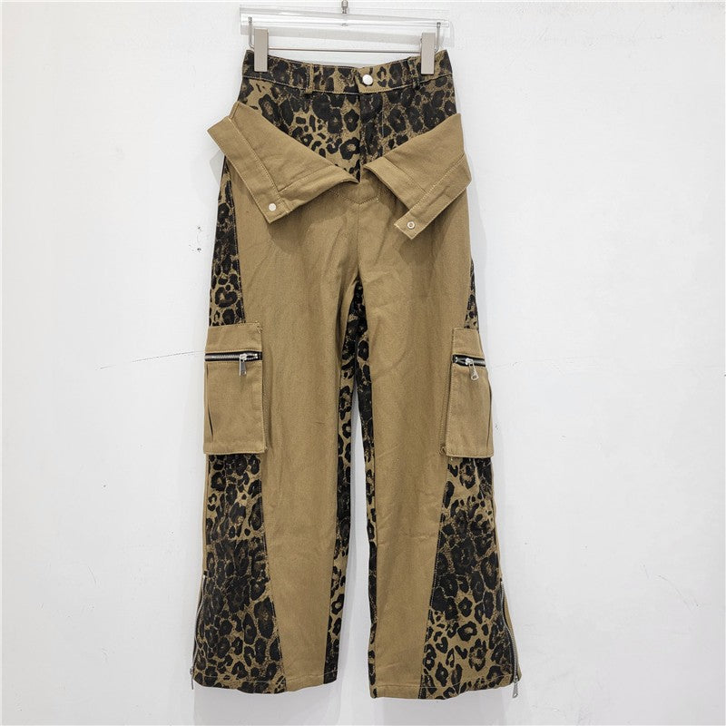 Retro High Waist Tooling Pants Fake Two Stitching Leopard Print Jeans