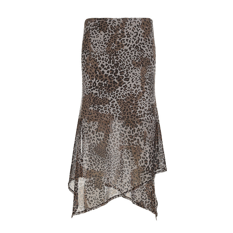 High-waisted Leopard Print Irregular Mesh Skirt