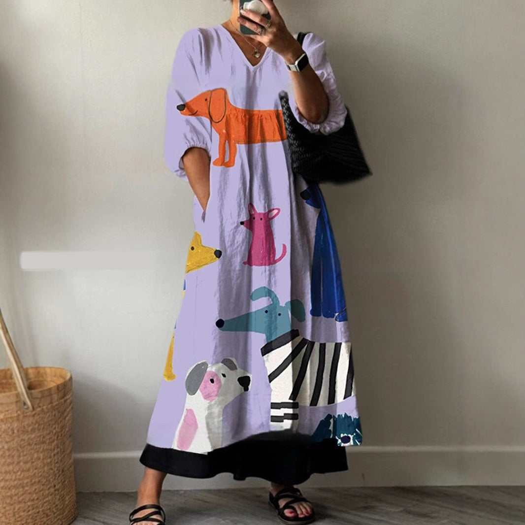 Loose V-neck Fashion High-end Long Sleeve Printed V-neck Dress