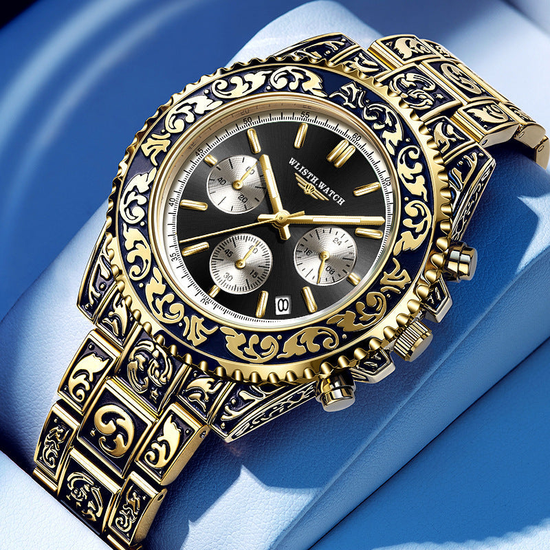 Vintage Engraving Quartz Multi-function Men's Watch
