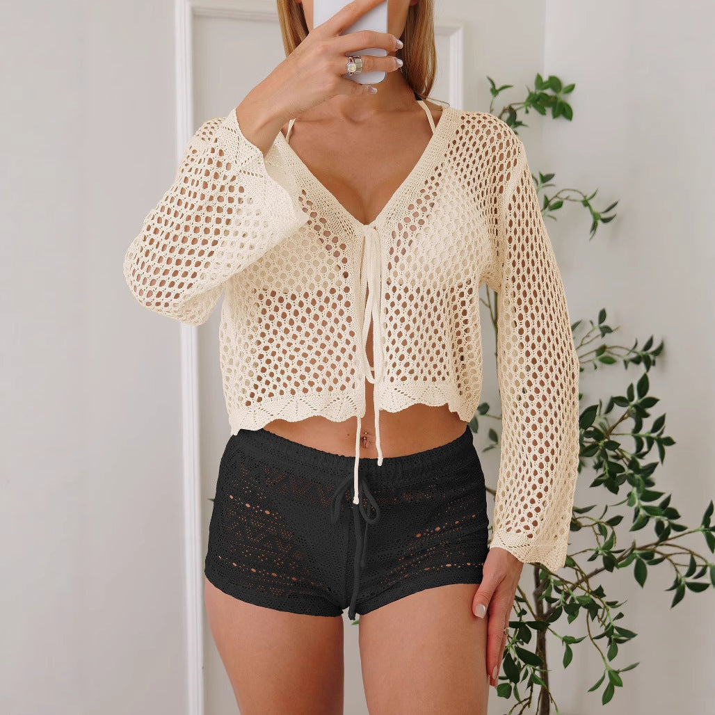 Cotton-like Women's Cardigan Hollow Woven Blouse