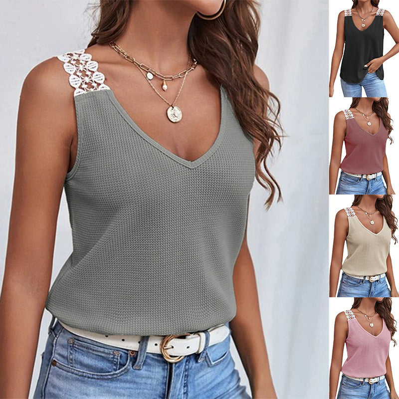 Women's Waffle Knit V-Neck Tank Top - Sleeveless Lace Trim Vest for Summer | Premium Casual Wear