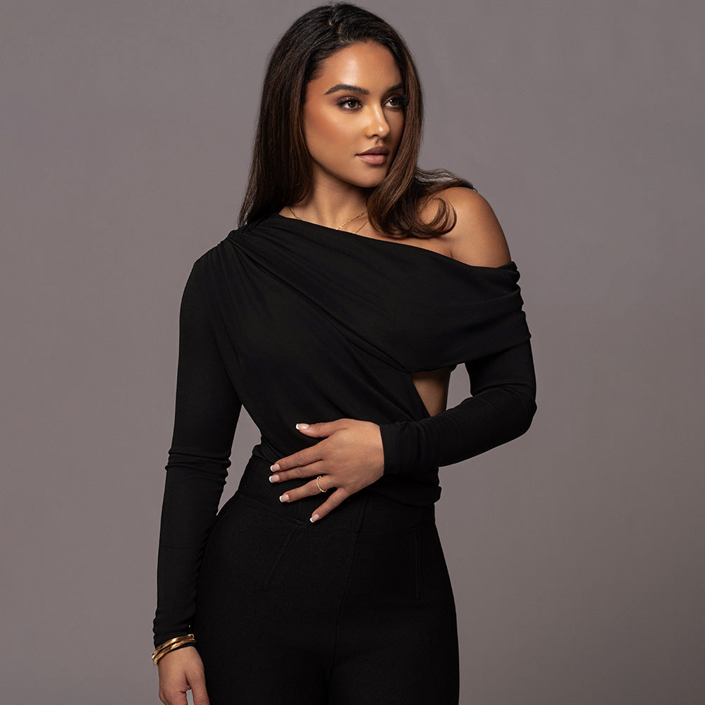 Off-the-shoulder Diagonal Neckline Fitted Long-sleeve Ruffled Bodysuit