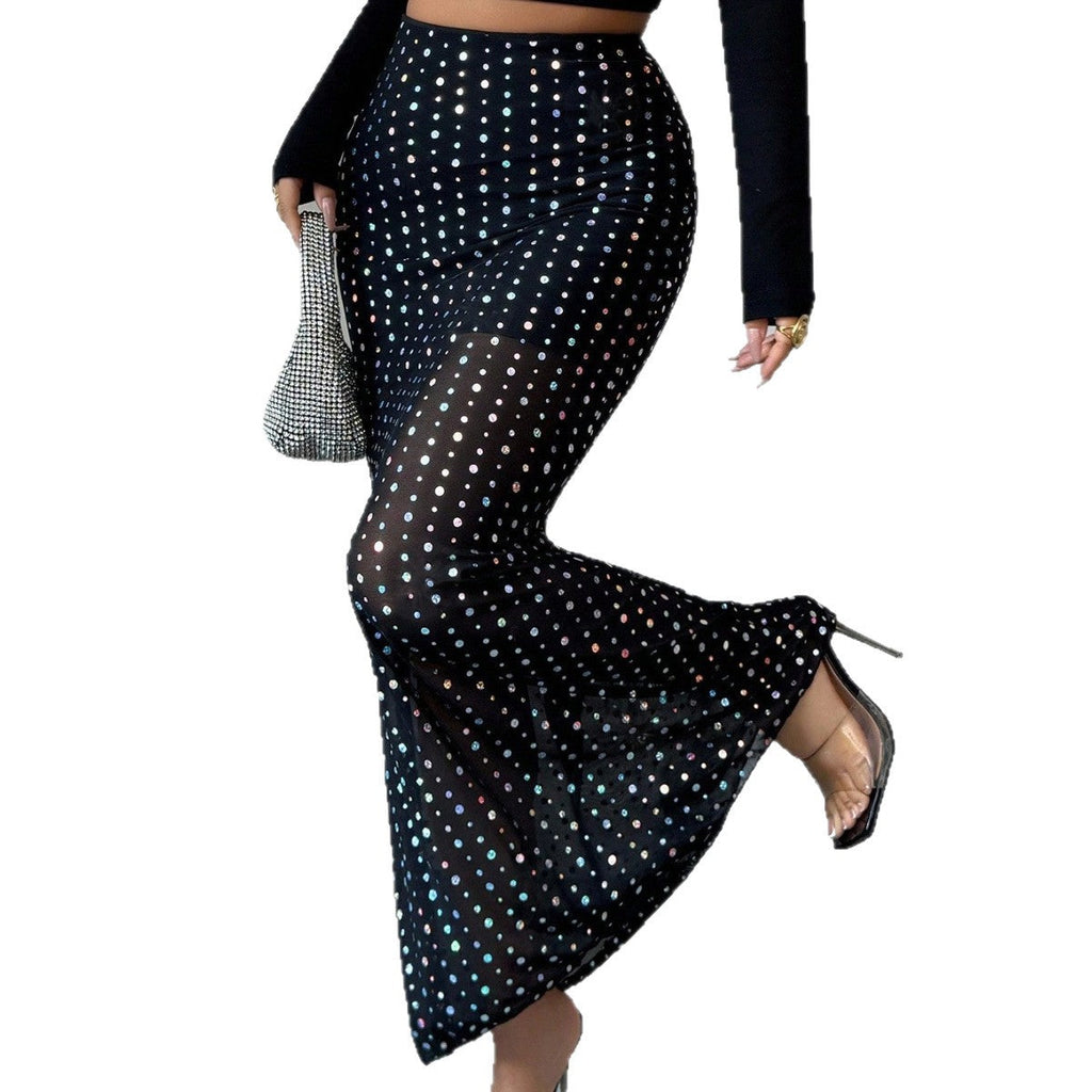 Shimmery Sequin Doublelayer Mesh Highwaist Figurehugging Hipskimming Skirt