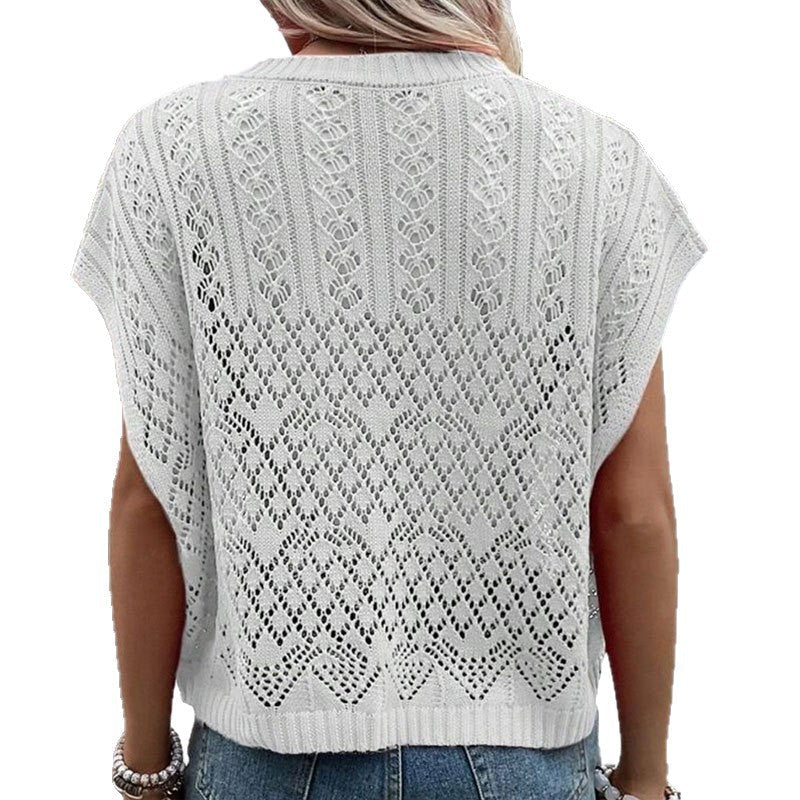 Knitted Hollow-out Crew-neck Pullover Bikini Swimsuit Dress Sun-protective Top