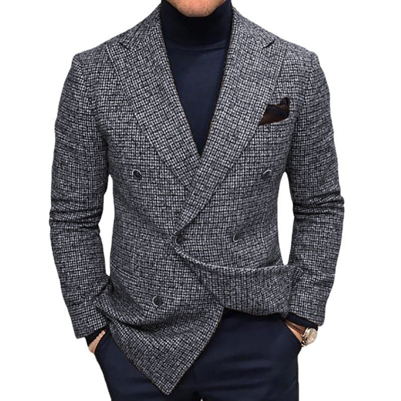 Men's Blazers Slim Fit Plaid Suits Jackets Male Long Sleeve Double-breasted Outerwear Business Casual Coats