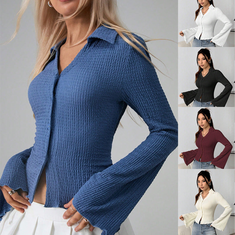 Shoulder Bell Sleeve Solid Color Long-sleeved Top