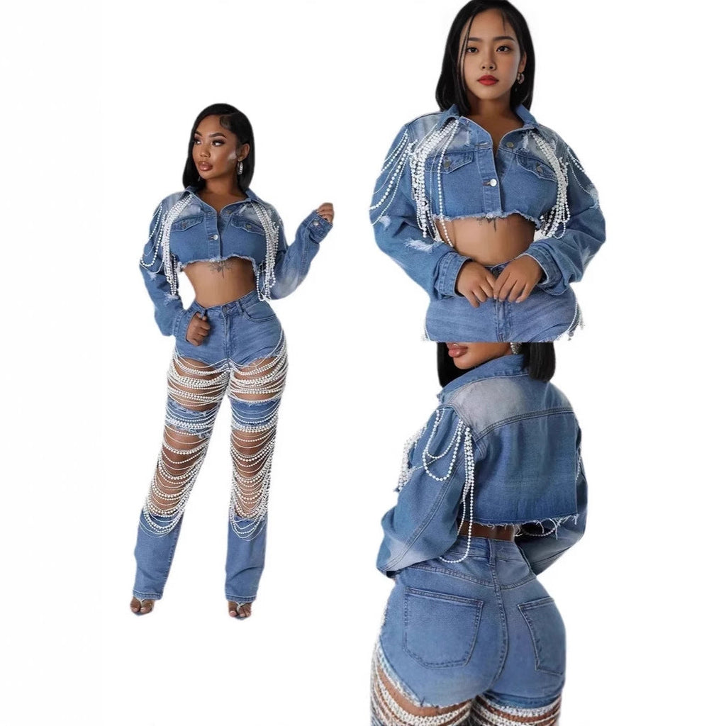 Fashionable Pearl-Chain Hand-Embroidered Beaded Denim Jacket