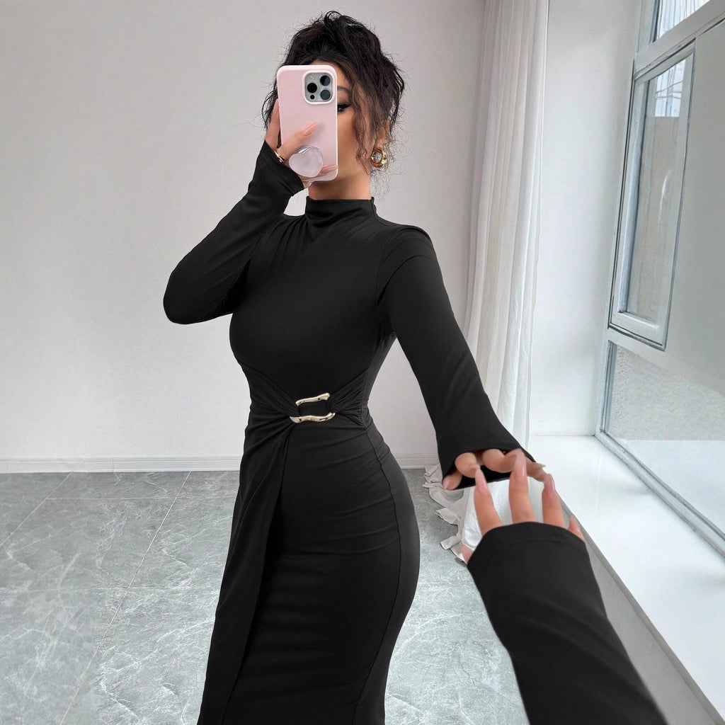 Small Stand-up Collar Knit Solid-color Dress With Metal Buttons
