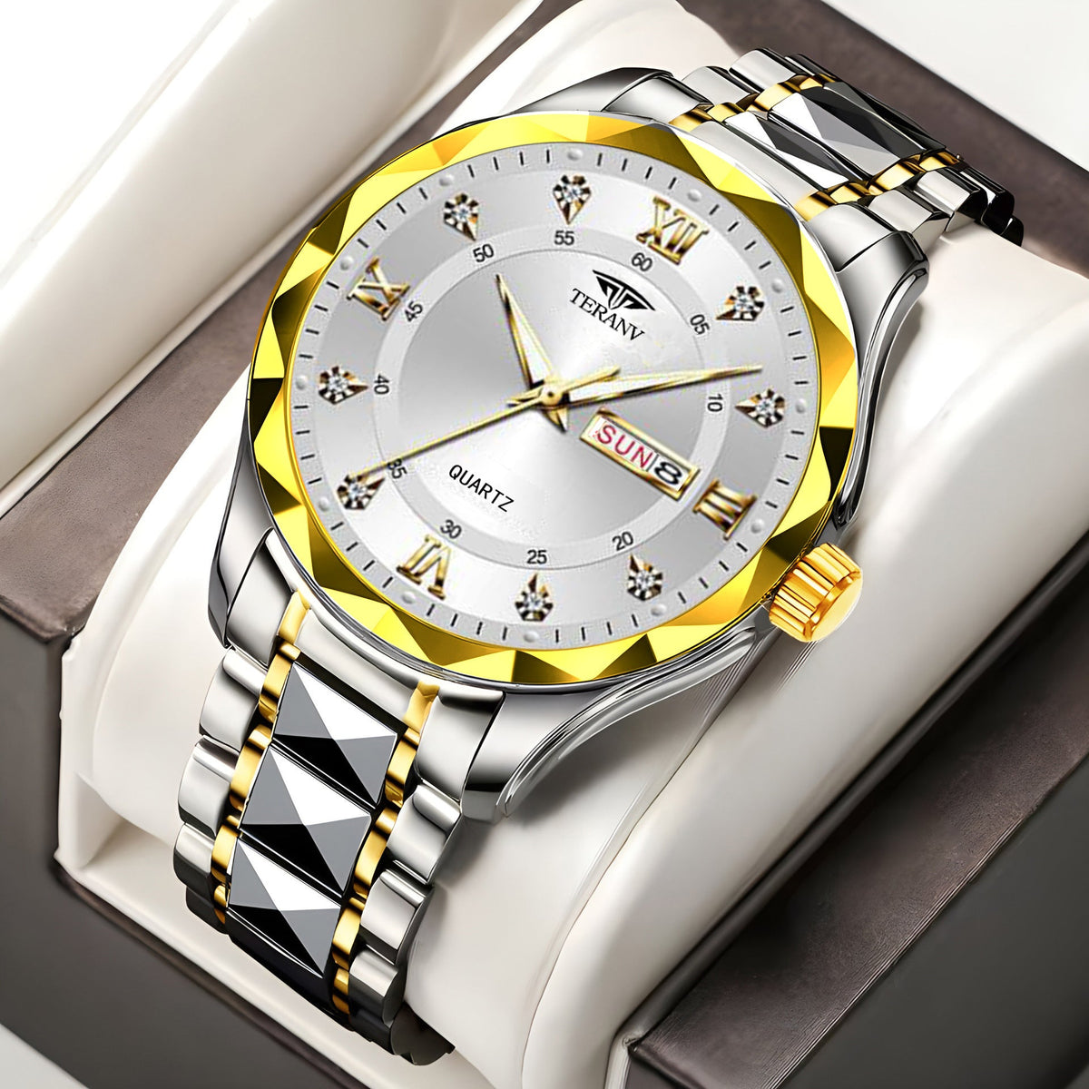 Men's Diamond Shell Calendar Watch - Stainless Steel Luxury Timepiece