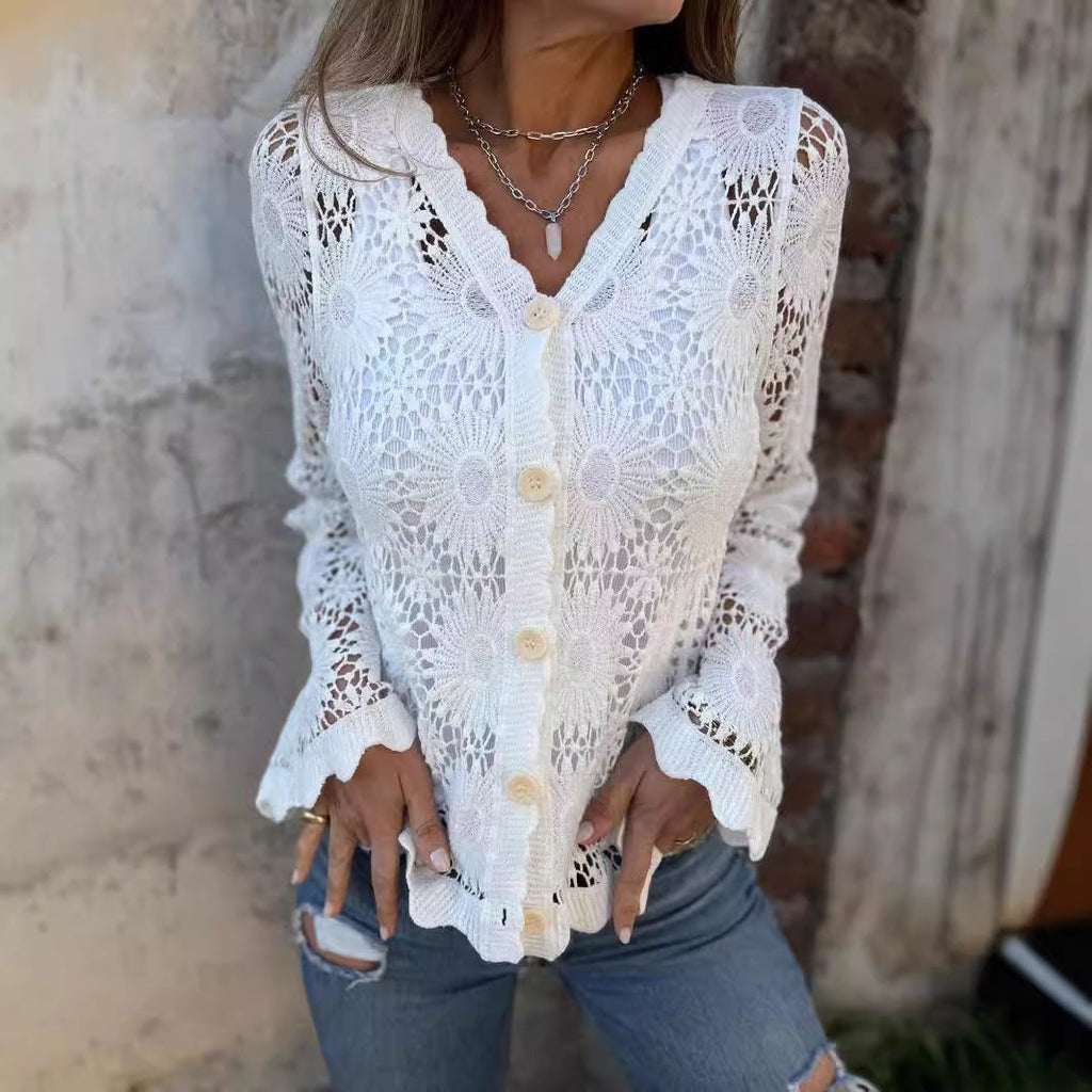 Women's Lace V-neck Long Sleeve Top