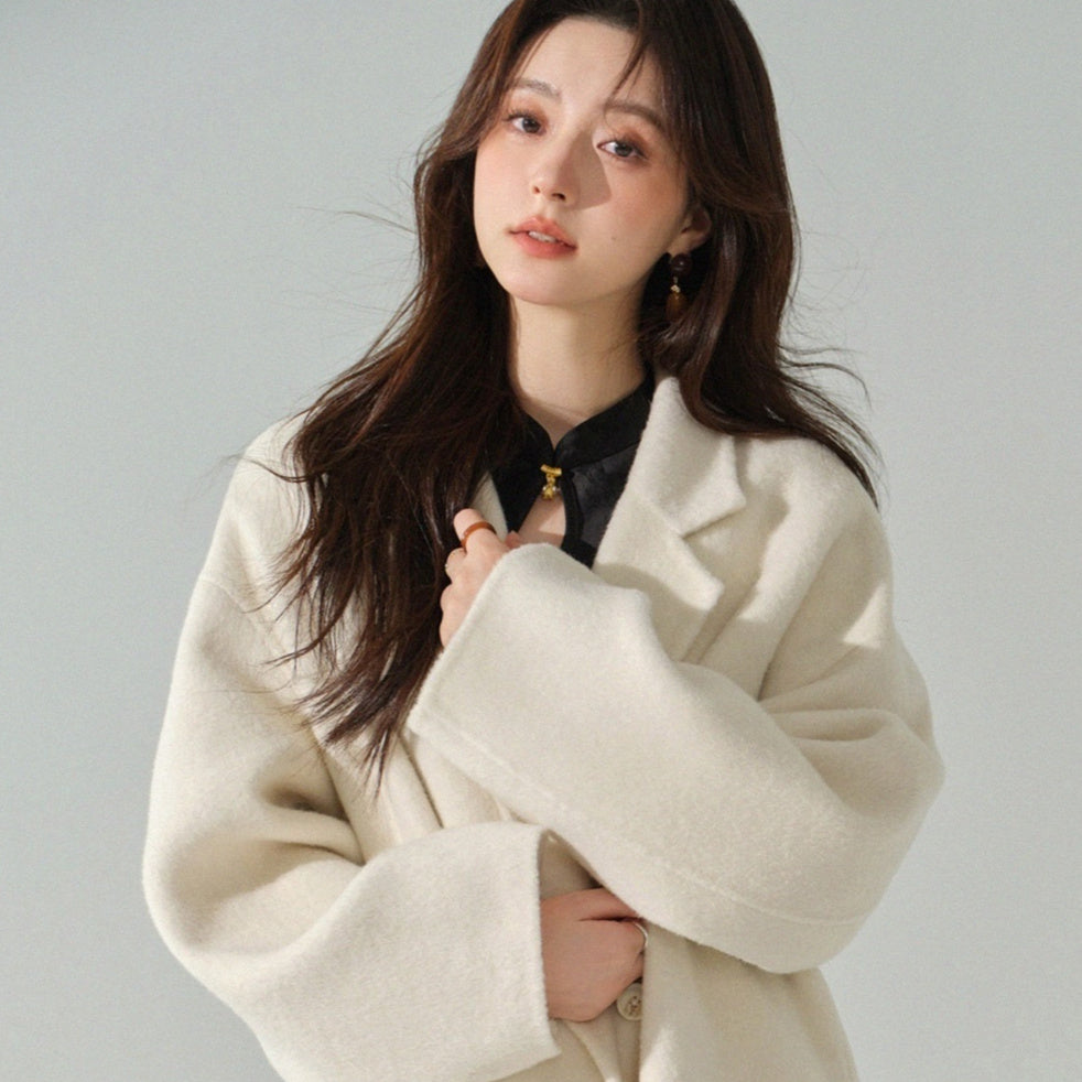 Double Breasted White Wool Coat For Women Autumn And Winter Double-sided Medium To Long Style