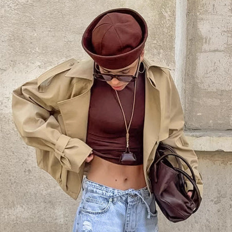 Women's Khaki Double Breasted Blazer Collar Coat