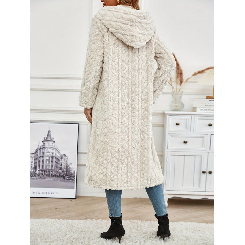 Fashion Long Solid Color Long Sleeve Hooded Wool Women's Coat