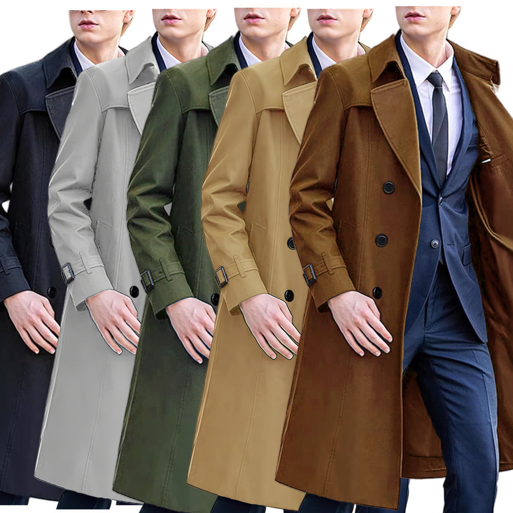 Premium Men's Long Trench Coat - Classic Solid Color Overcoat