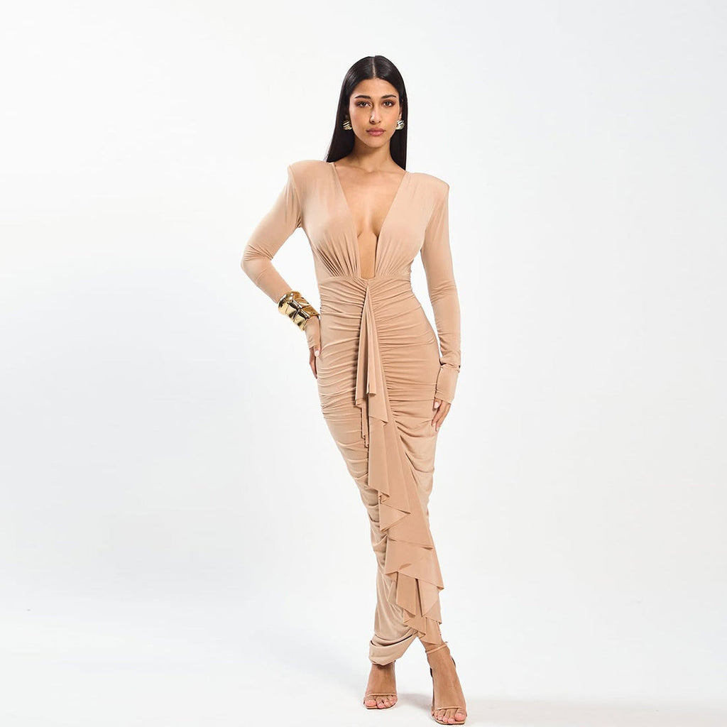 New Sexy Deep-V Pleated Design Elegant Figure-hugging Sheath Dress