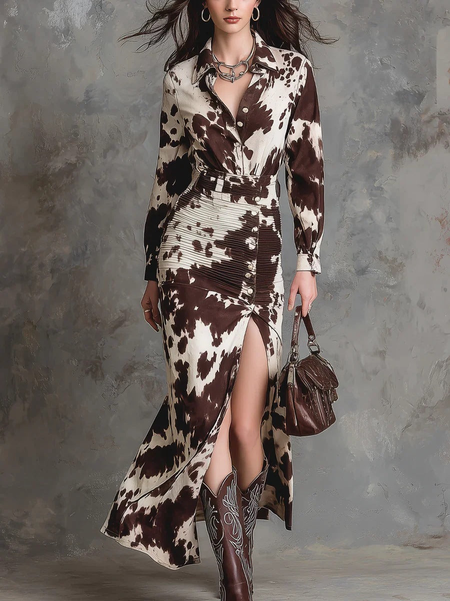 Digital-print Cardigan Long-sleeve Button-down Irregular-length Dress