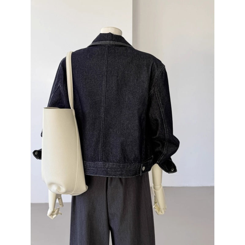 Korean Style Pocket Lapels Retro Dark Blue Short Denim Coat