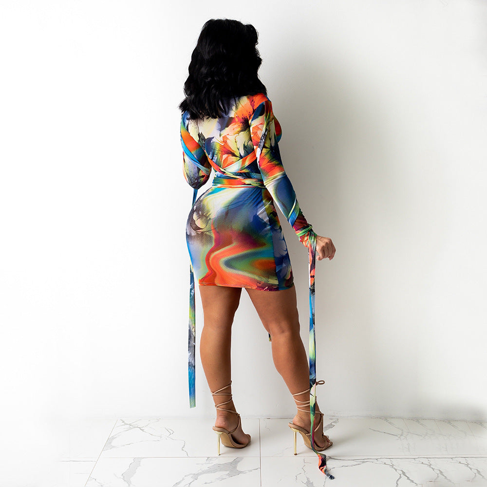 Sexy Women Mesh See-Through Printed Dress With Bandage