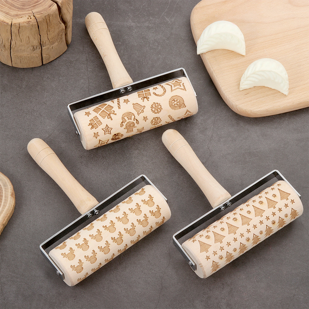 Push-Style Christmas Embossing Rolling Pin Printed Cookie Dough Stick Fondant Tool Baking Noodle Cake Dough Engraved Roller Q40